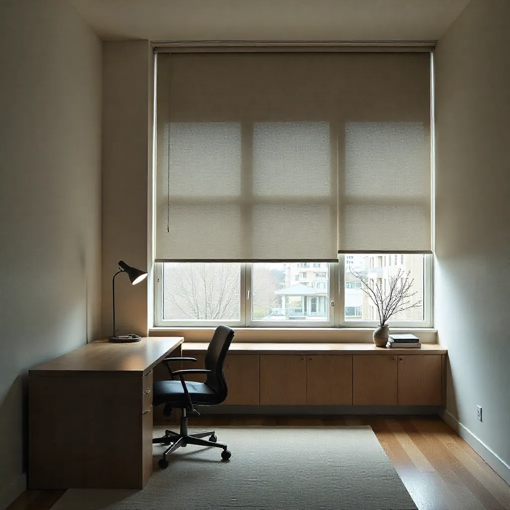 Home office with acoustic blinds for focused work